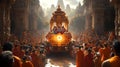 a grand hindu procession with deities on a golden chariot, surrounded by devotees in orange robes, amidst ancient temple architect Royalty Free Stock Photo