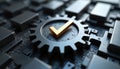 Golden checkmark inside silver gear on microcircuit background. System optimization, quality assurance. Good for, high-tech,