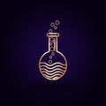 Gold chemical flask icon. Vector illustration isolated on a blue background. School topics