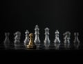 Golden chess pawn is facing the silver opponent chess on black background. Leader, leadership, business strategy, challenge, brave