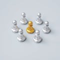 Golden chess pawn pieces or leader  leader businessman with circle of silver men. leadership, business, team, and teamwork concept Royalty Free Stock Photo