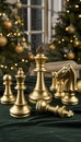 Golden chess pieces on board with bokeh lights, strategic gameplay illuminated in festive setting. Royalty Free Stock Photo