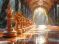 The golden chess pieces are lined up in the Forbidden Palace. 3D rendering