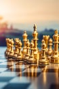 Golden chess set on checkered board with blurry background. Generative AI Royalty Free Stock Photo