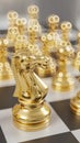 a golden chess set on a checkered board, 3d render