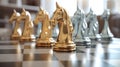 Golden chess unicorn with silver pawns - 3D illustration, generative ai Royalty Free Stock Photo