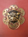 Temple ancient Red Door Golden Chinese Dragon Head Round handle door Knock Royalty Free Stock Photo