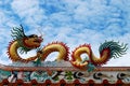 golden chinese dragon on top roof for exterior decoration isolated on blue sky , holy place chinese temple at Thailand Royalty Free Stock Photo