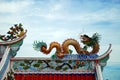 golden chinese dragon on top roof for exterior decoration isolated on blue sky , holy place chinese temple at Thailand Royalty Free Stock Photo