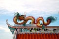 golden chinese dragon on top roof for exterior decoration isolated on blue sky , holy place chinese temple at Thailand Royalty Free Stock Photo