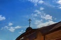 Golden Christian Cross on a dome of an Eastern Orthodox Church with a cloudy blue sky in the background Royalty Free Stock Photo