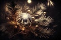 Golden Christmas ball decoration with fir pine, golden holiday symbol background illustration Generative AI