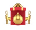 Golden Christmas ball in open red gift box deer souvenir Xmas composition realistic 3d icon vector