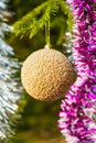 Golden Christmas ball and shining tinsel hanging on branch of tree. Close-up view of Xmas holiday composition for Happy Royalty Free Stock Photo