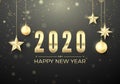 Golden Christmas ball and stars. New Year decoration background. Gold snowflakes and greeting text. Happy New Year 2020. Vector Royalty Free Stock Photo