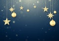 Golden Christmas ball and stars. New Year decoration background. Gold snowflakes. Happy New Year greeting card template. Vector