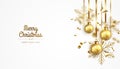 Golden Christmas balls background. Festive golden glitter Christmas decoration and bright snowflake hanging on a ribbon. Royalty Free Stock Photo