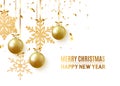 Golden Christmas balls background. Festive xmas decoration gold bauble and bright snowflake, hanging on the ribbon. Vector