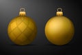 Golden christmas balls with golden holders. Set of isolated realistic decorations on black background