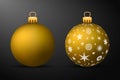 Golden christmas balls with golden holders. Set of isolated realistic decorations on black background Royalty Free Stock Photo