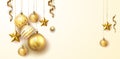 Golden Christmas balls light white background. Festive xmas decoration gold glass christmas balls and glossy snowflake