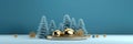Golden christmas balls, pine tree and christmas decorations in front of blue cold background. Generative AI Royalty Free Stock Photo