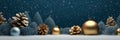 Golden christmas balls, pine tree and christmas decorations in front of blue cold background. Generative AI Royalty Free Stock Photo