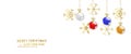 Golden christmas balls on yellow background. Christmas golden ornaments. White background. Merry christmas, banner, poster