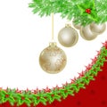 Golden Christmas baubles, holly border on white Royalty Free Stock Photo