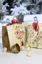 Golden Christmas bell, balls and gift bag Royalty Free Stock Photo