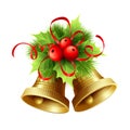 Golden Christmas bells with Holly berries, tinsel