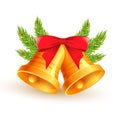 Golden Christmas bells with pine tree branches and red bow isolated on white background. Vector illustration Royalty Free Stock Photo