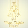 Golden Christmas card, Christmas symbol icons, Merry Christmas, Happy New Year - vector Royalty Free Stock Photo