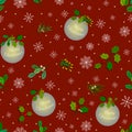 Golden Christmas decorations, and snowflakes over red background and green leaves and berries, seamless pattern. Royalty Free Stock Photo