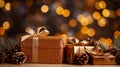 Golden Christmas and new year celebration image festive gift boxes in glitter wrap and ribbon bows generative AI