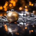 a golden christmas ornament sitting on a shiny surface