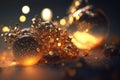 Golden christmas ornaments with bokeh lights on dark background. Gold glitter dust defocused texture. Abstract sparkle Royalty Free Stock Photo