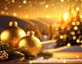 Golden christmas ornaments on snowy surface with sparkling sunset background Royalty Free Stock Photo