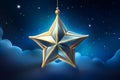 golden christmas star hanging in the night sky Royalty Free Stock Photo