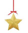 Golden Christmas star on red ribbon isolated on white Royalty Free Stock Photo