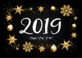 2019 with golden Christmas stars, snowflakes, lettering on a black background. Happy New Year card design. Vector illustration Royalty Free Stock Photo