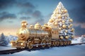 Golden Christmas steam locomotive in the winter forest
