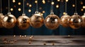 Golden Christmas tree balls hang over a wooden table, side view