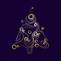 Golden Christmas tree on dark blue background Abstract art line drawing vector .Christmas and New Year .Creative design Royalty Free Stock Photo