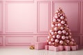 AI generated. Golden Christmas Tree decorated with a big pink toy balls on pink wall and present gift boxes