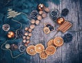 Golden Christmas Tree Decoration, Cinnamon Sticks, Dried Oranges, Baubles. Royalty Free Stock Photo