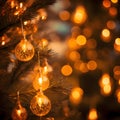 Golden Christmas tree lights on the left, with a bright bokeh effect in the background.Christmas banner with space for your own Royalty Free Stock Photo