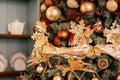 Golden Christmas tree look, decor in country style as holiday home decoration Royalty Free Stock Photo