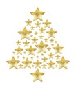 Golden Christmas tree made of shiny stars white background isolated closeup, gold stars in shape of New Year pine, xmas decoration Royalty Free Stock Photo