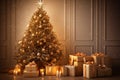 Golden Christmas Tree with Ornaments Gift Boxes Candles indoor, Ai generated Royalty Free Stock Photo